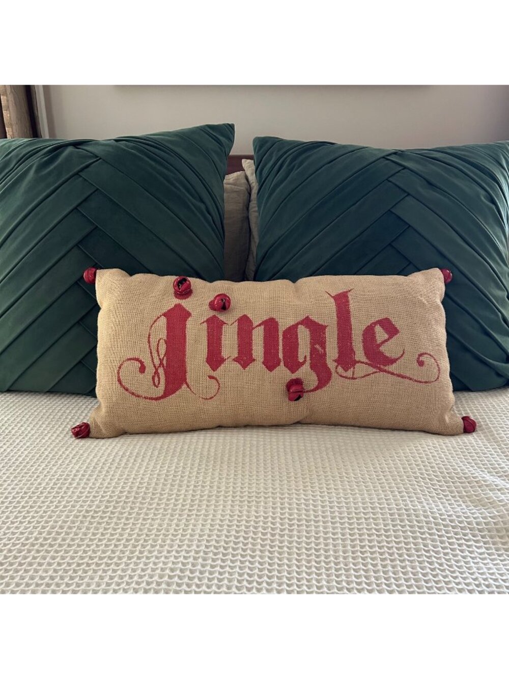 POTTERYBARN βJingleβ Holiday Throw Pillow with Bells Burlap & Red Christmas